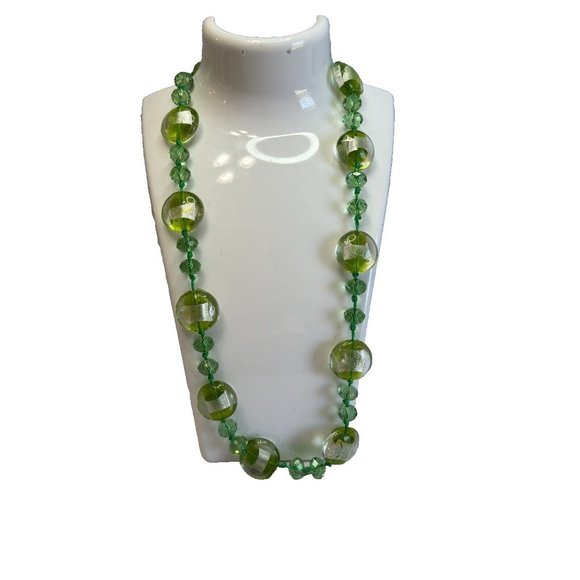 Artisan Jewelry - Artisan Designed Green Glass Beaded Silver Metallic Art Glass Necklace  18"